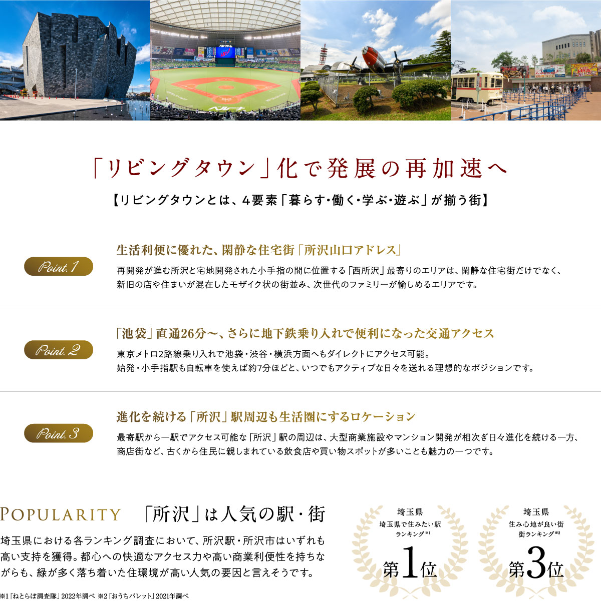 「リビングタウン」化で発展の再加速へ 【リビングタウンとは、4要素「暮らす・働く・学ぶ・遊ぶ」が揃う街】